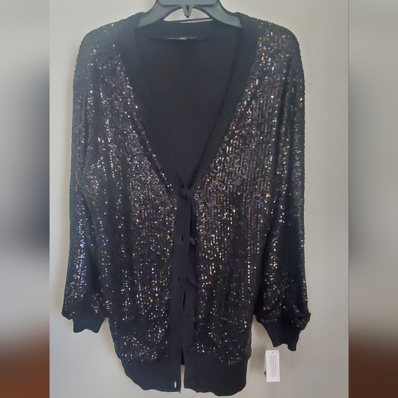 INC International Concepts Sweaters - INC INTERNATIONAL CONCEPTS BLACK OVERSIZED SEQUIN CARDIGAN DEEP LARGE
